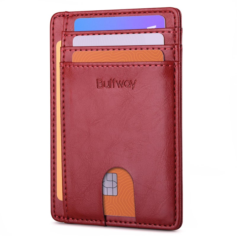 Buffway Slim Minimalist Front Pocket RFID Blocking Leather Wallets for Men and Women - Alaska Cherry - Image 1
